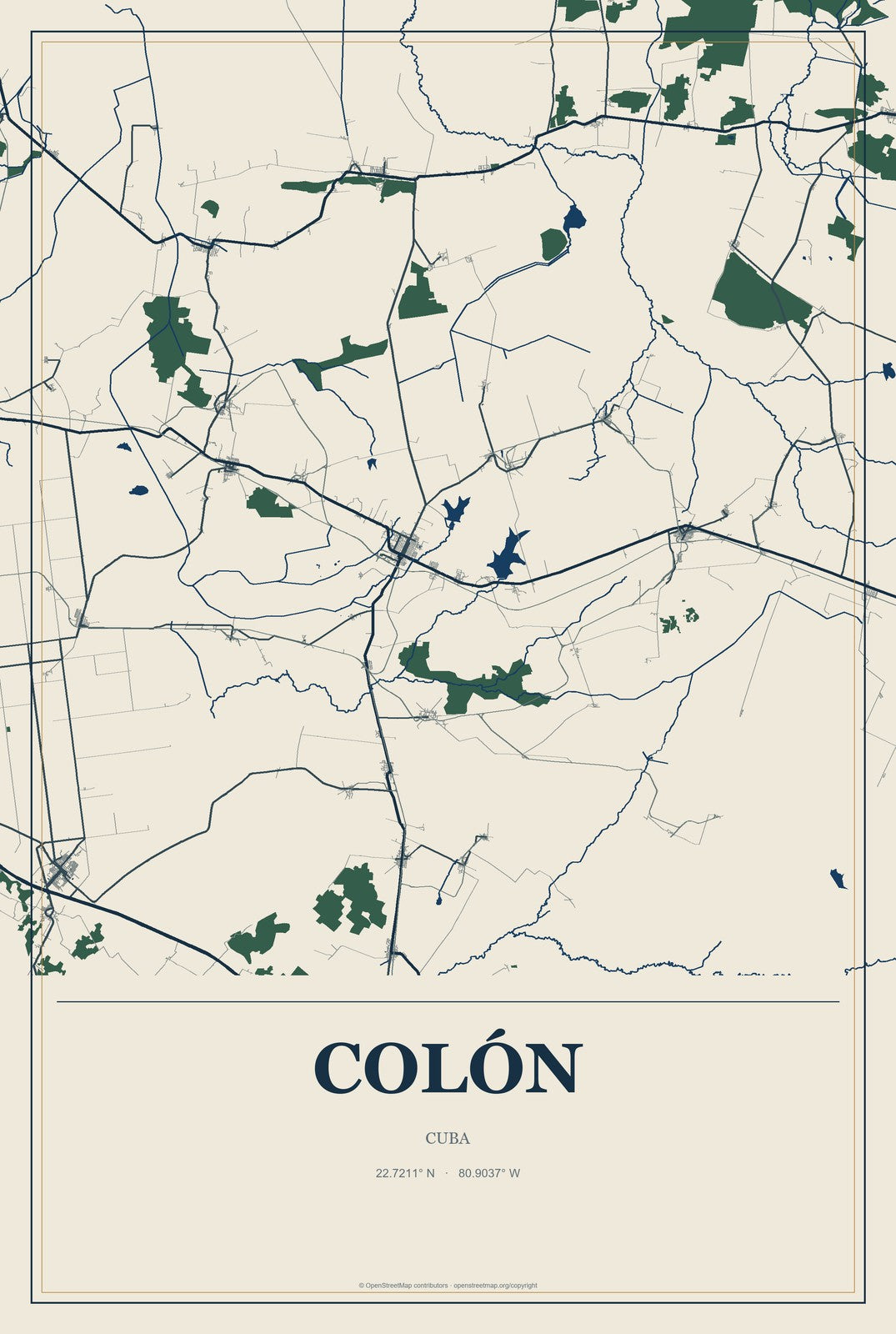 Colón, Cuba City Map Aluminum Sign in Coastal Cutout style