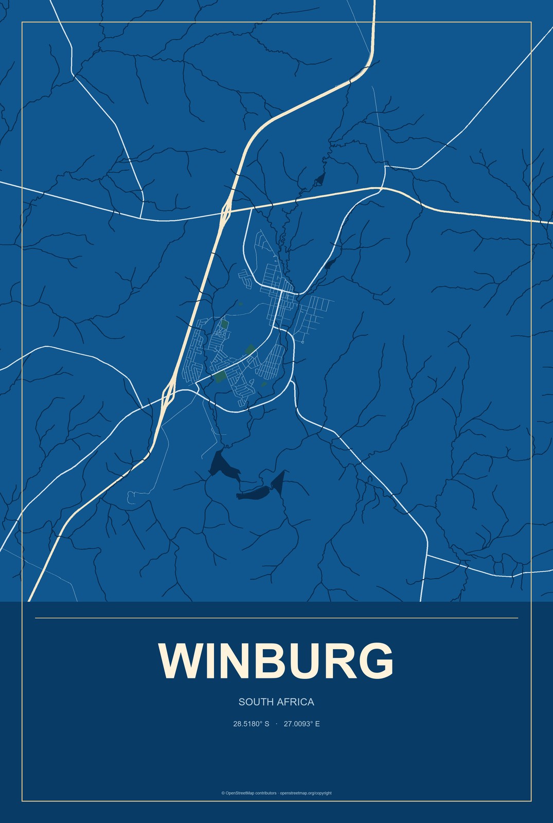 Winburg, South Africa City Map Aluminum Sign in Harbor Cobalt style