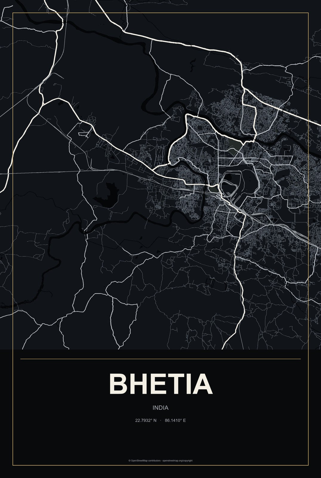 Bhetia, India City Map Aluminum Sign in Metropolitan Noir style