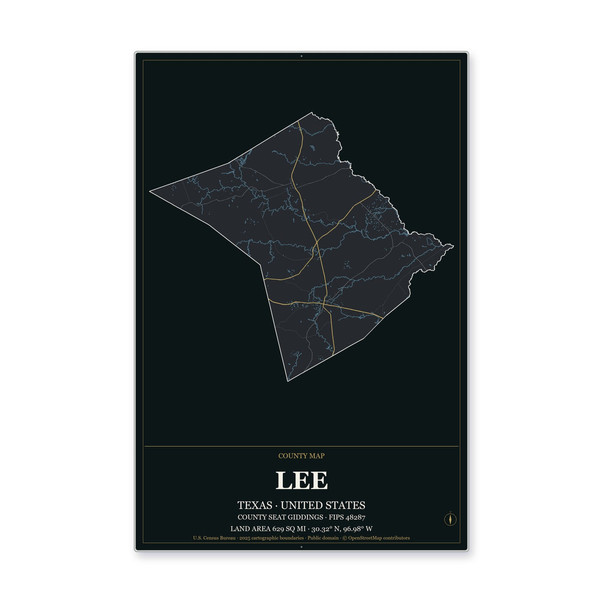 Lee County, Texas Map Aluminum Sign in Metropolitan Noir style