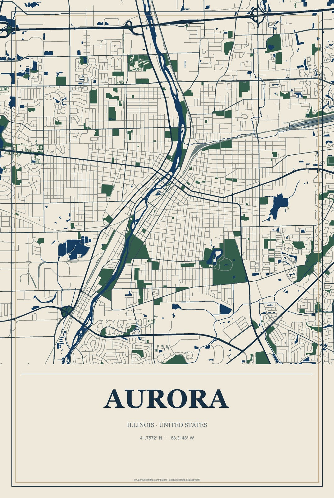 Aurora, Illinois City Map Aluminum Sign in Coastal Cutout style