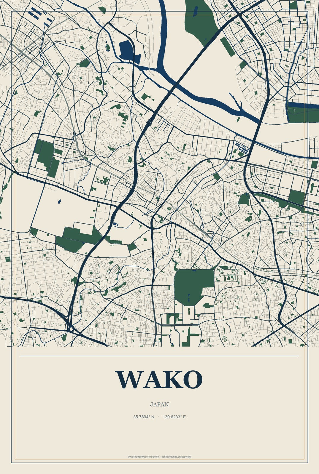 Wako, Japan City Map Aluminum Sign in Coastal Cutout style