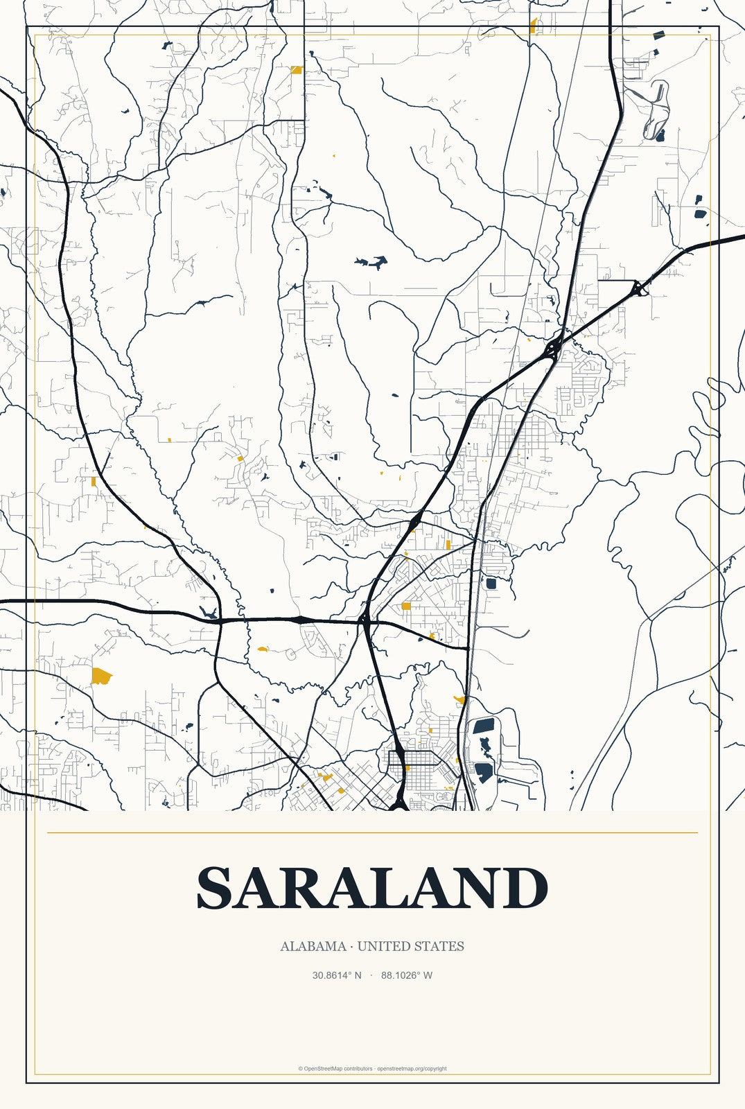 Saraland, Alabama City Map Aluminum Sign in Citrine Modern style