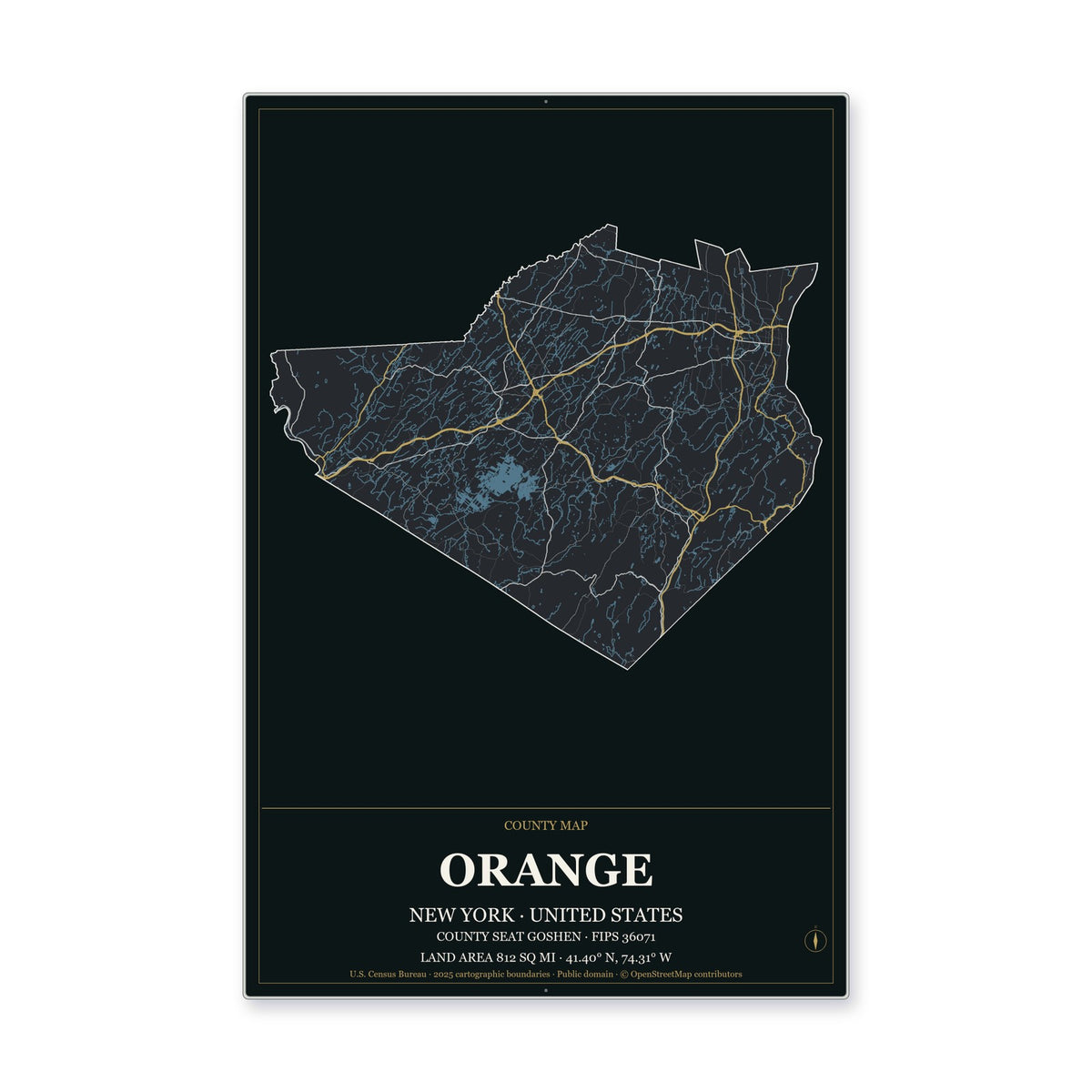 Orange County, New York Map Aluminum Sign in Metropolitan Noir style