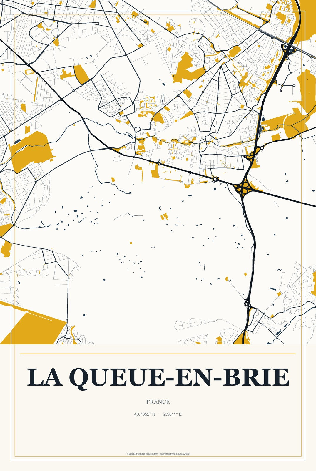 La Queue-en-Brie, France City Map Aluminum Sign in Citrine Modern style