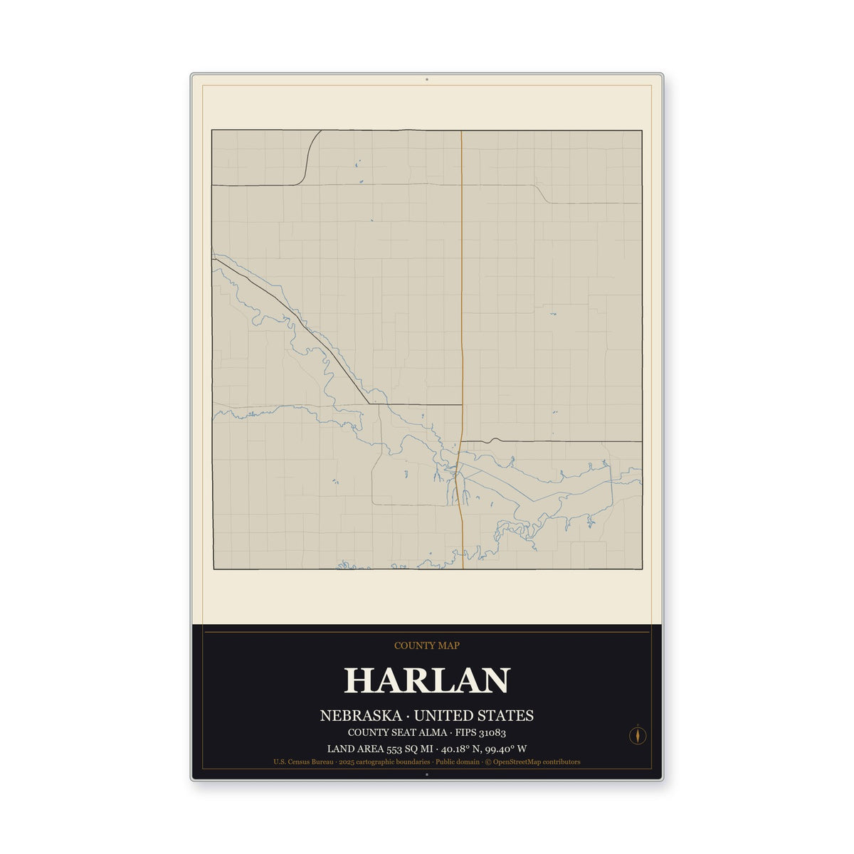 Harlan County, Nebraska Map Aluminum Sign in Museum Plaque style