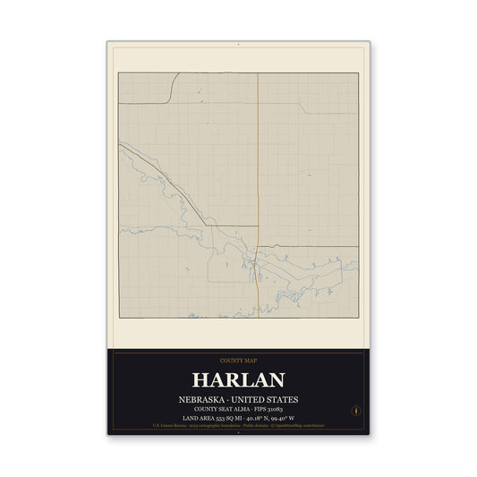 Harlan County, Nebraska Map Aluminum Sign in Museum Plaque style