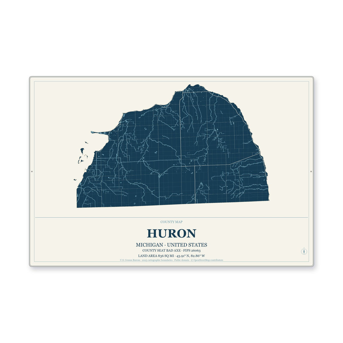 Huron County, Michigan Map Aluminum Sign in Coastal Cutout style
