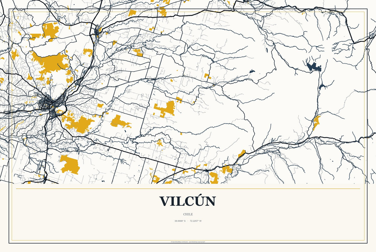 Vilcún, Chile City Map Aluminum Sign in Citrine Modern style