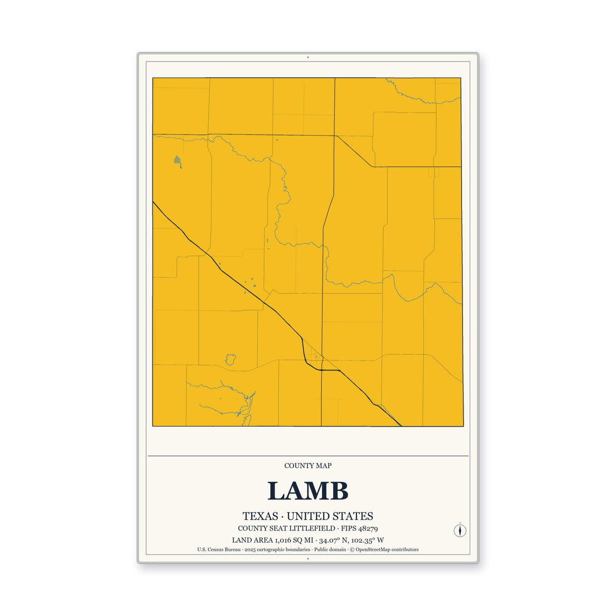 Lamb County, Texas Map Aluminum Sign in Citrine Modern style