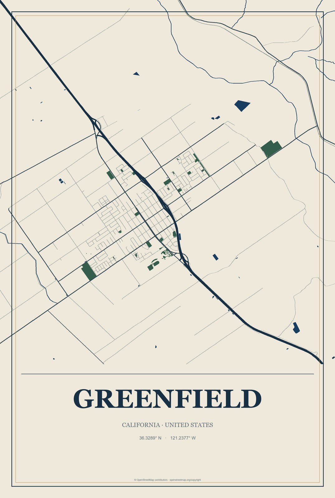 Greenfield, California City Map Aluminum Sign in Coastal Cutout style