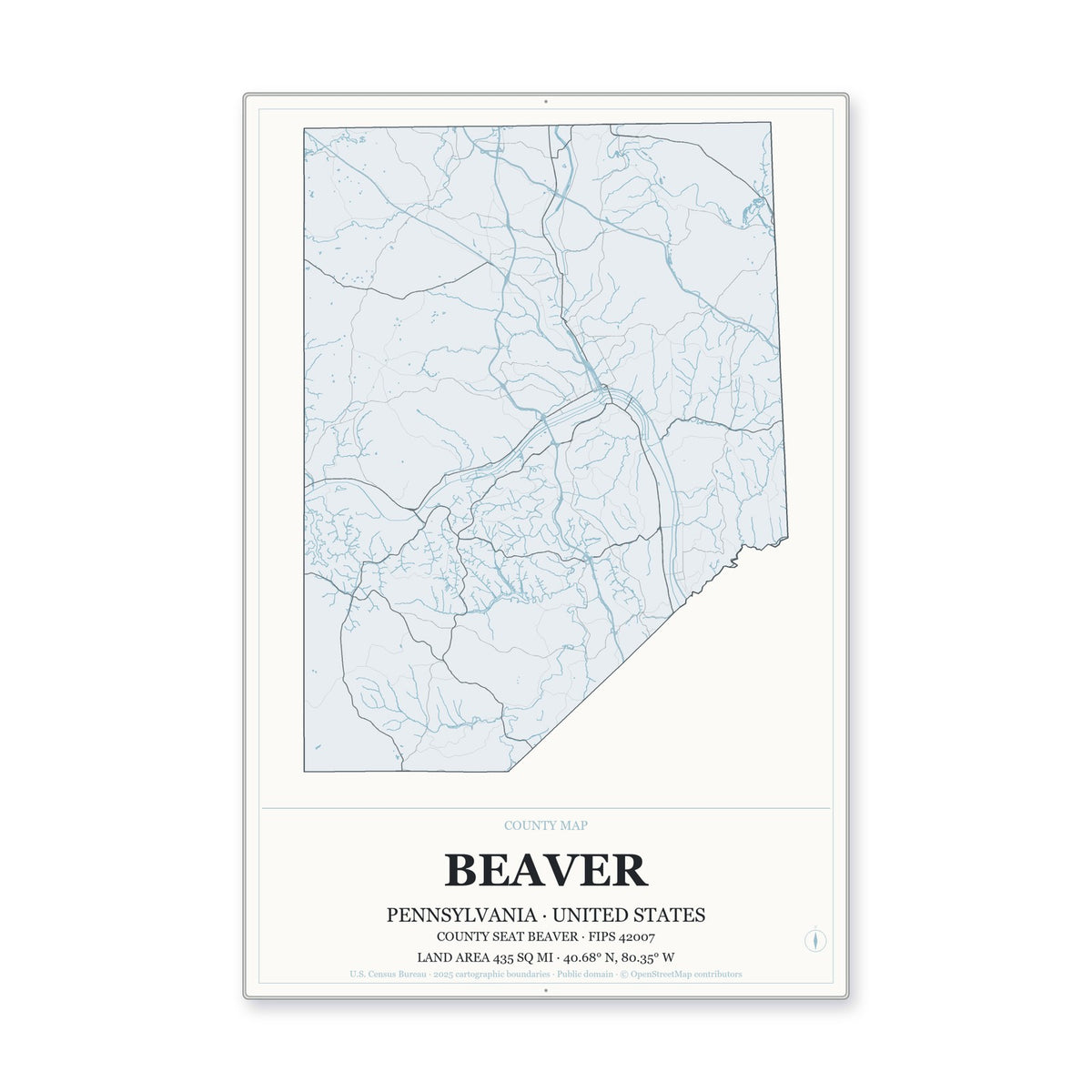 Beaver County, Pennsylvania Map Aluminum Sign in Gallery Air style