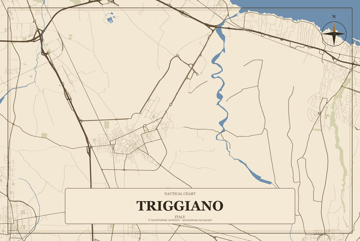 Triggiano, Italy City Map Aluminum Sign in Heritage Nautical style