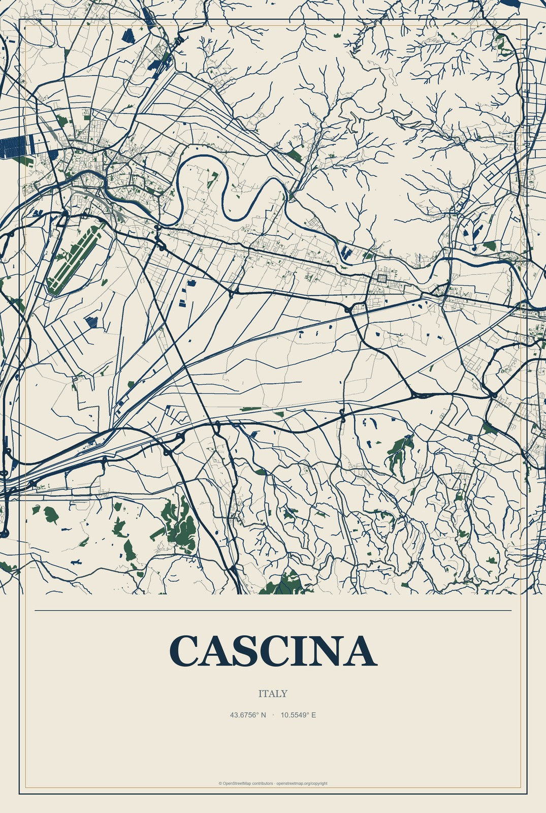 Cascina, Italy City Map Aluminum Sign in Coastal Cutout style
