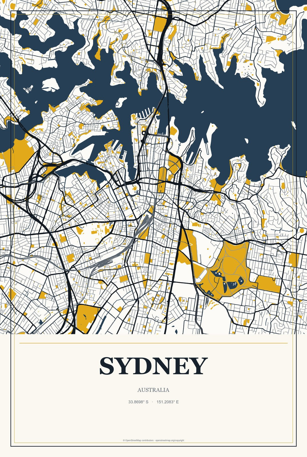 Sydney, Australia City Map Aluminum Sign in Citrine Modern style