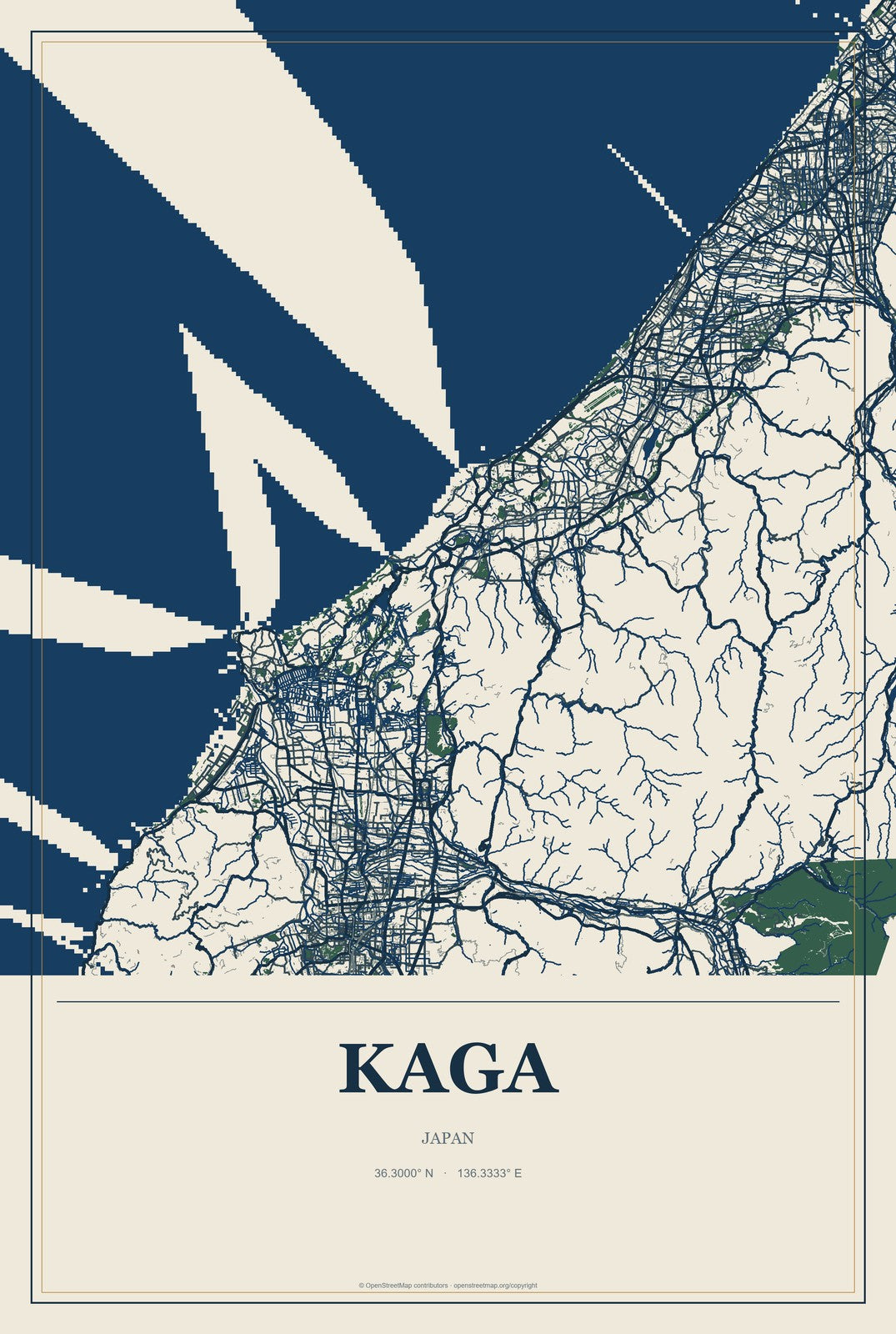 Kaga, Japan City Map Aluminum Sign in Coastal Cutout style