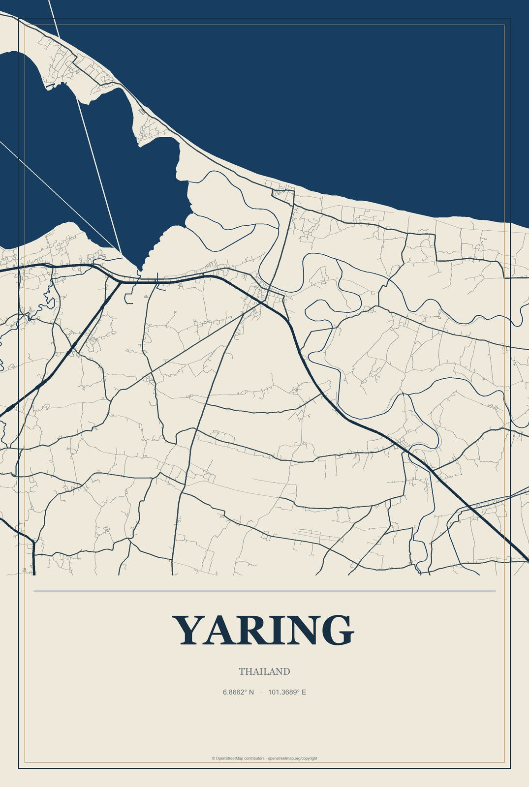 Yaring, Thailand City Map Aluminum Sign in Coastal Cutout style
