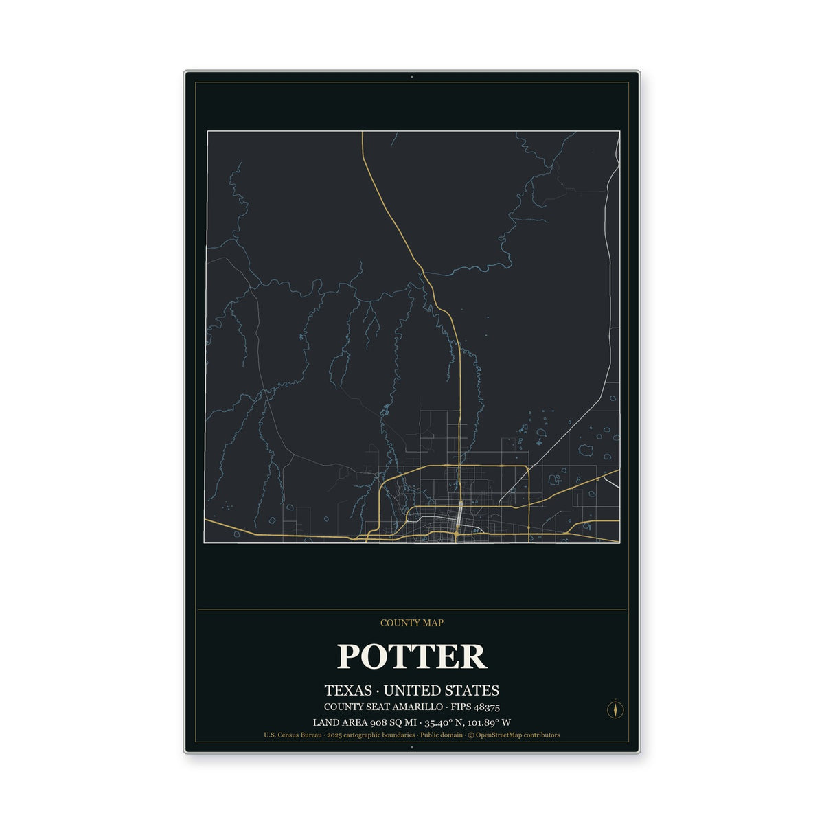 Potter County, Texas Map Aluminum Sign in Metropolitan Noir style
