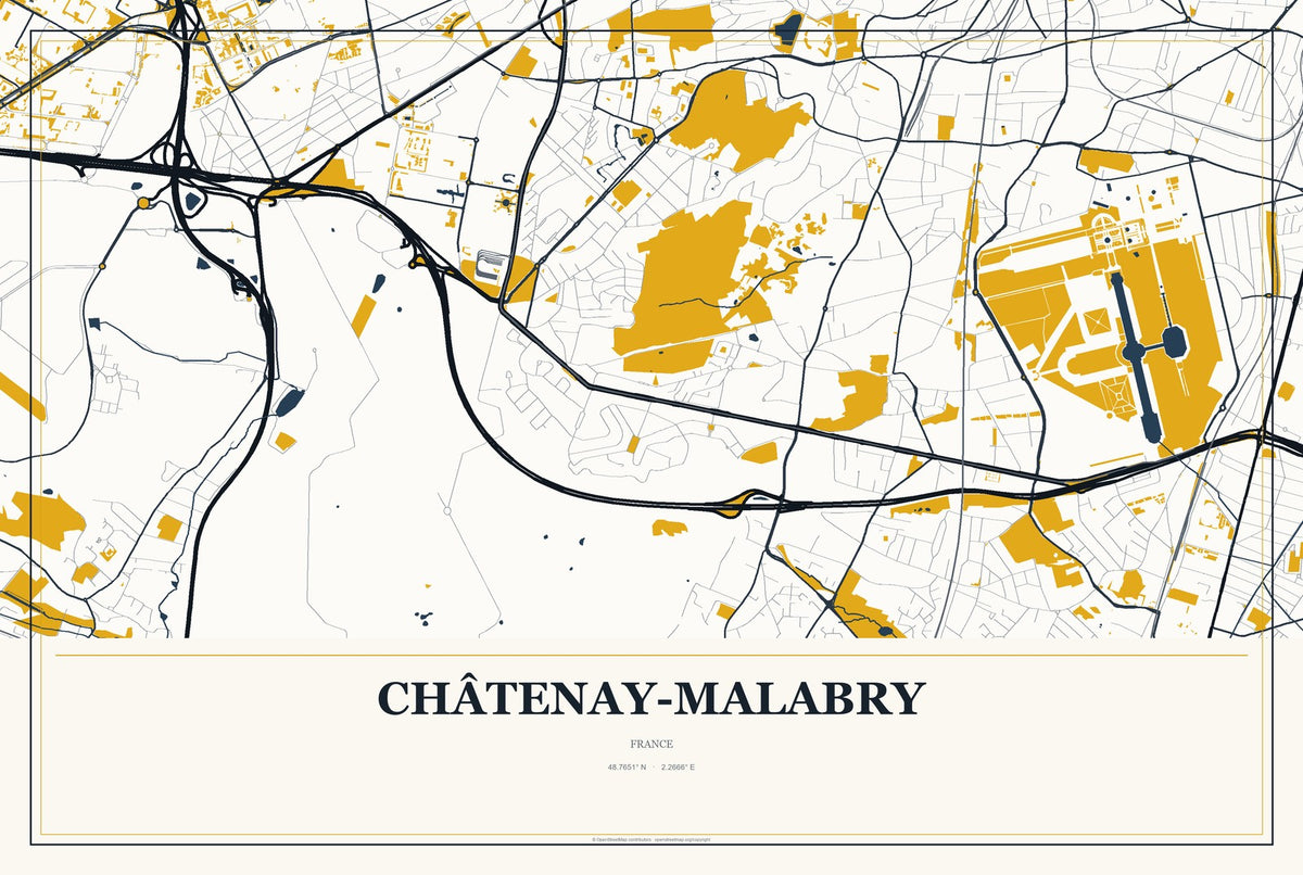 Châtenay-Malabry, France City Map Aluminum Sign in Citrine Modern style