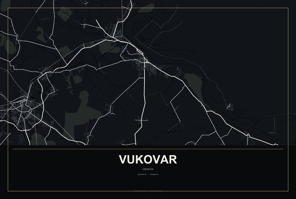 Vukovar, Croatia City Map Aluminum Sign in Metropolitan Noir style