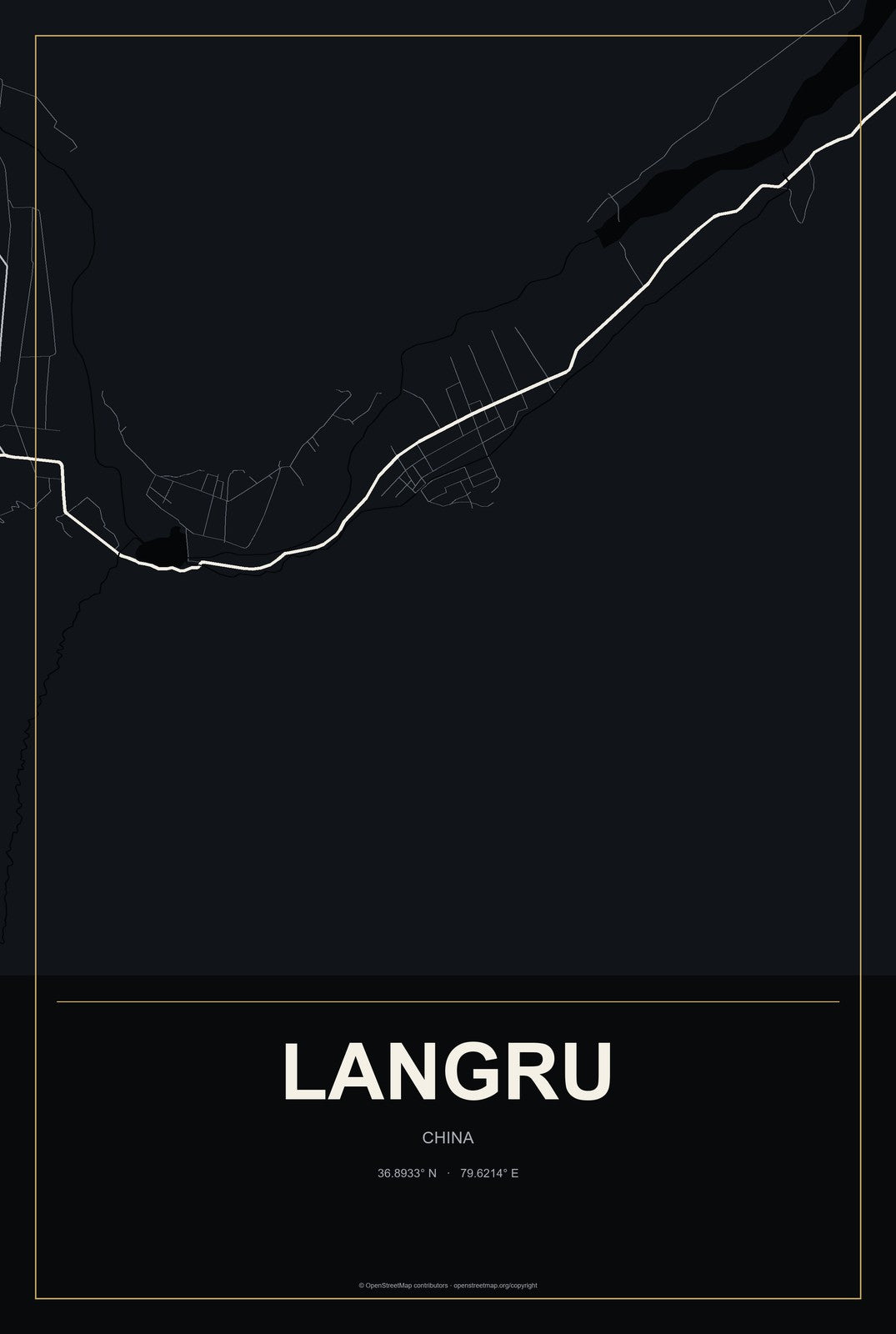 Langru, China City Map Aluminum Sign in Metropolitan Noir style