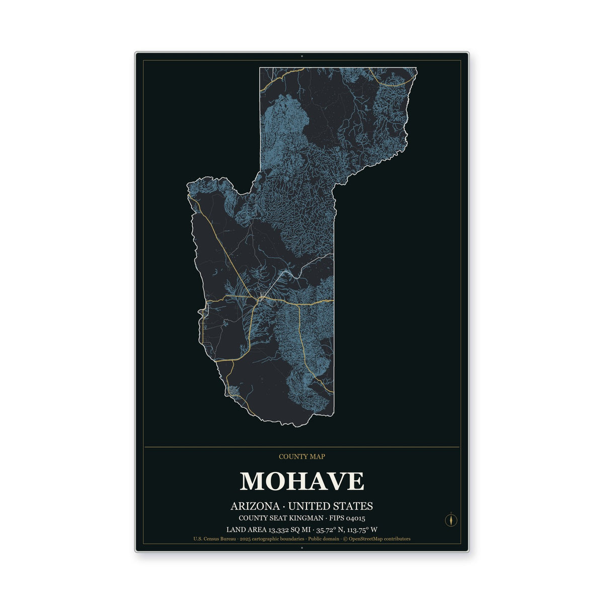 Mohave County, Arizona Map Aluminum Sign in Metropolitan Noir style