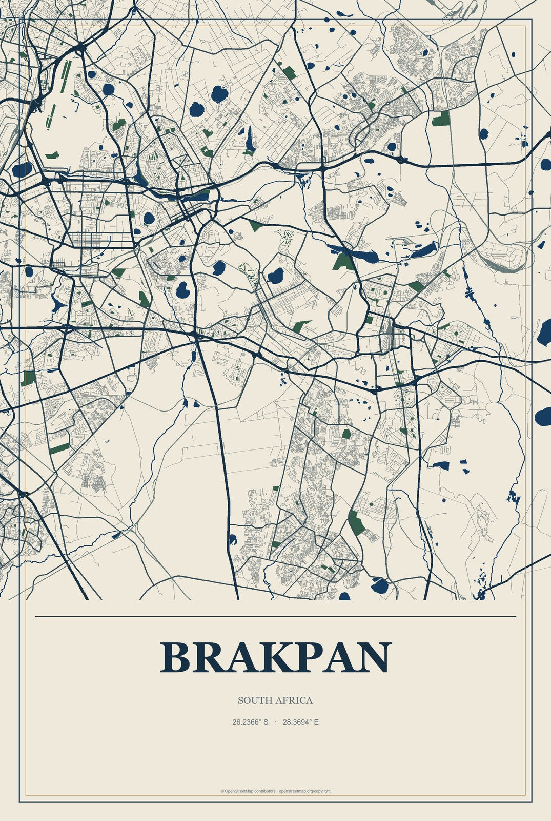 Brakpan, South Africa City Map Aluminum Sign in Coastal Cutout style