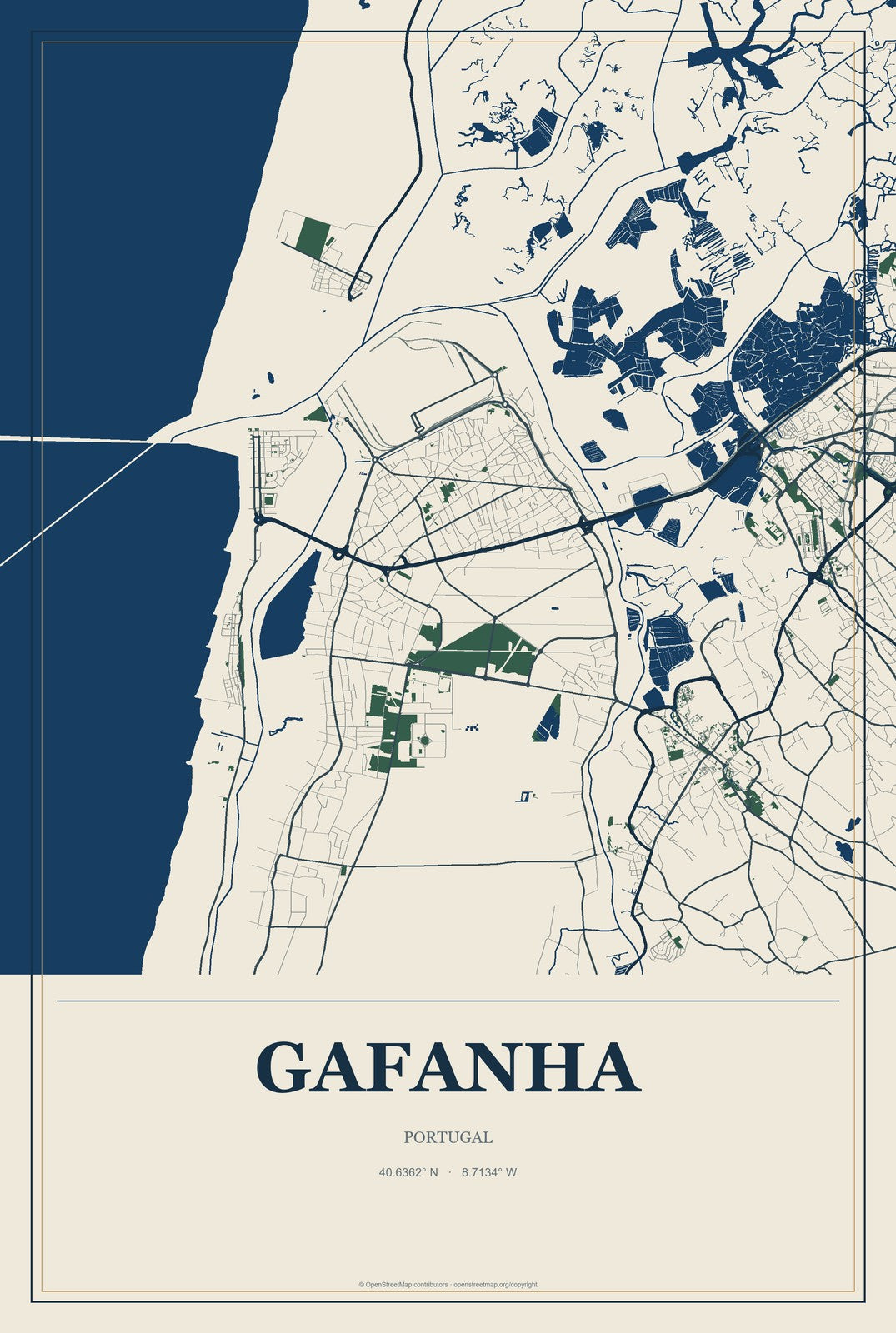 Gafanha, Portugal City Map Aluminum Sign in Coastal Cutout style