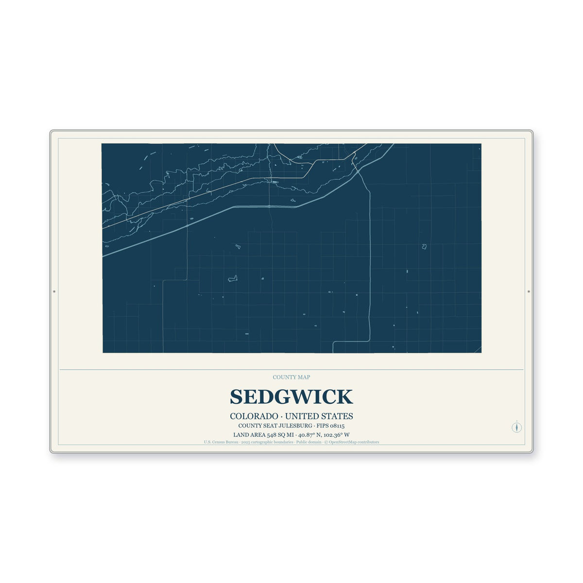 Sedgwick County, Colorado Map Aluminum Sign in Coastal Cutout style