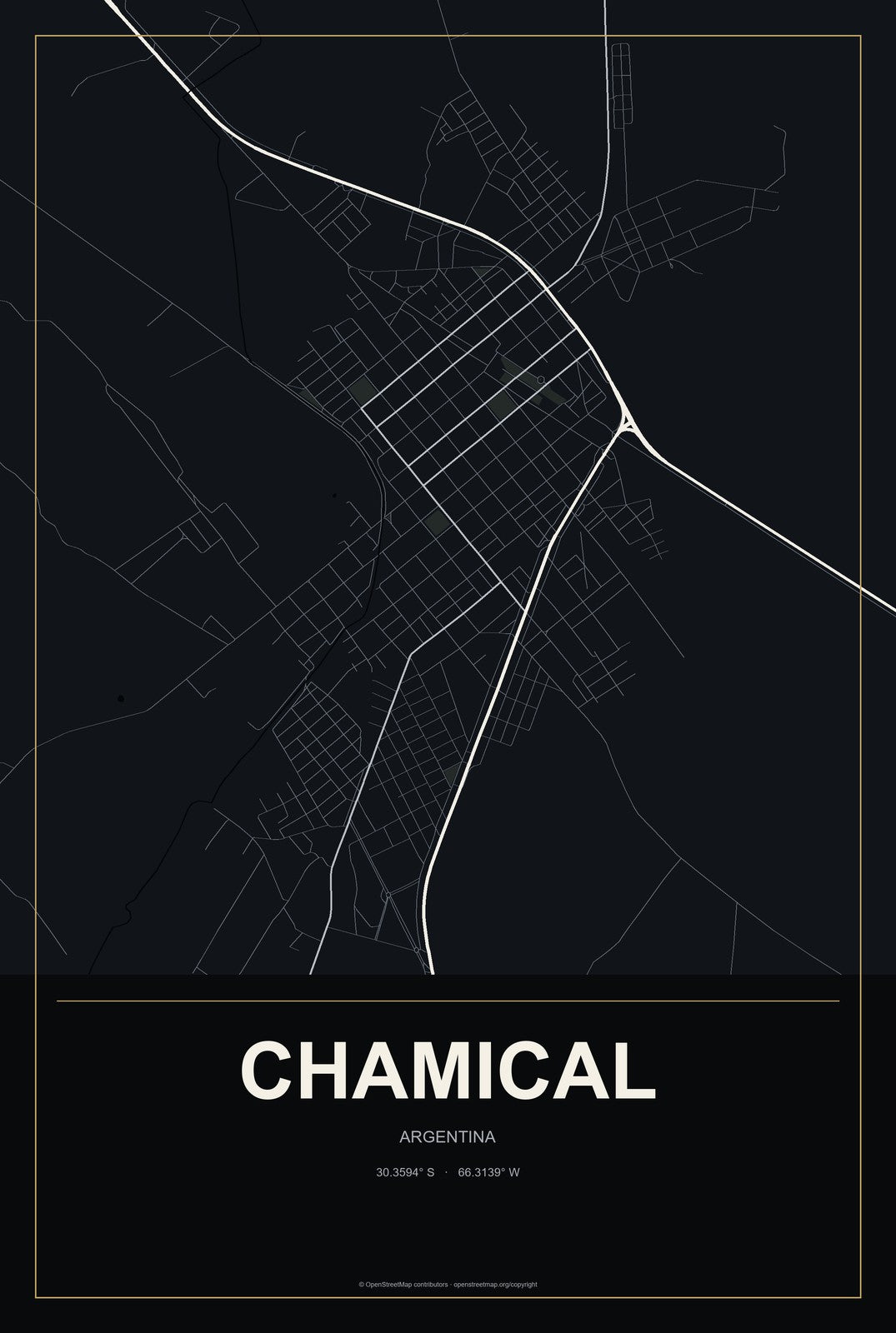 Chamical, Argentina City Map Aluminum Sign in Metropolitan Noir style