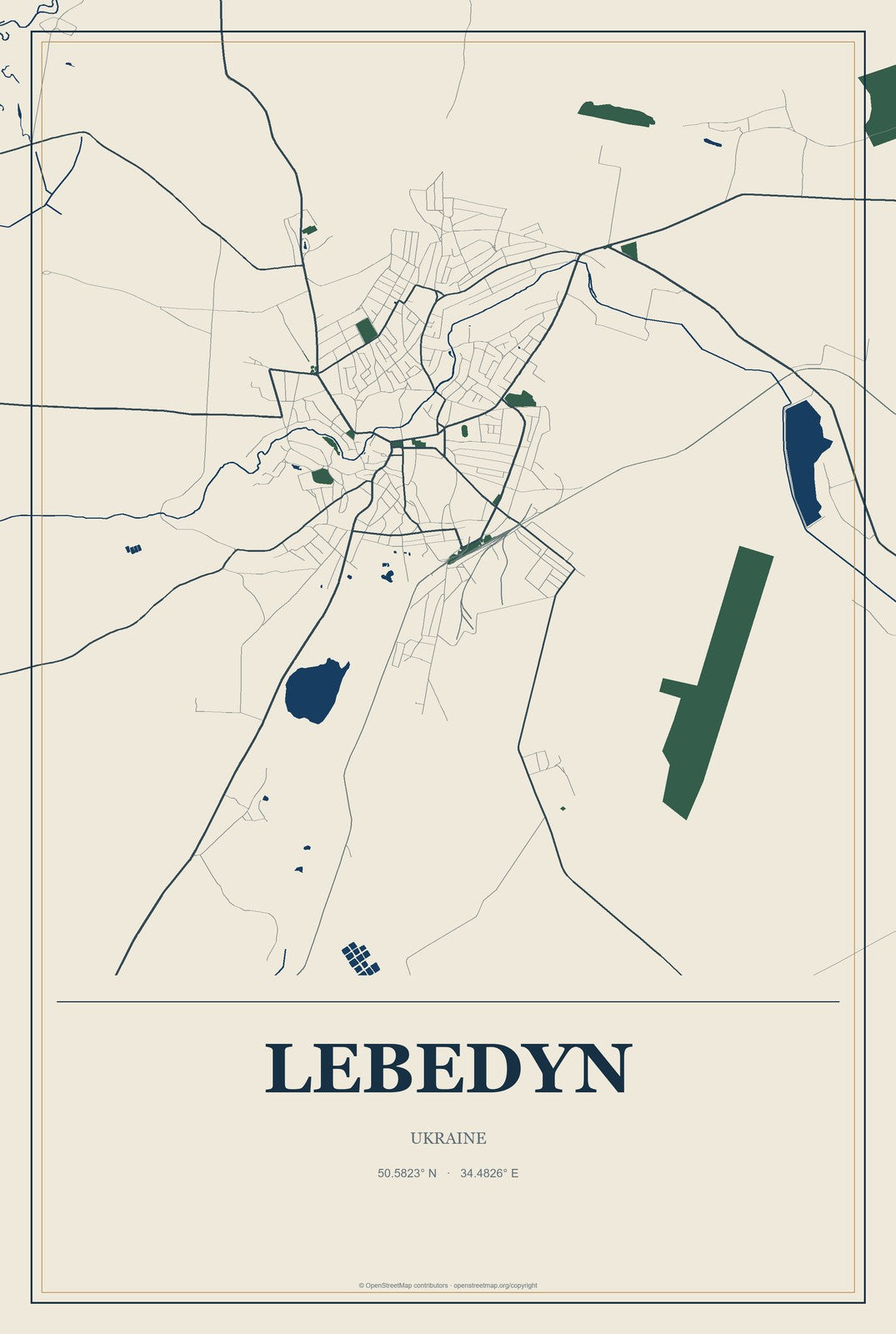 Lebedyn, Ukraine City Map Aluminum Sign in Coastal Cutout style
