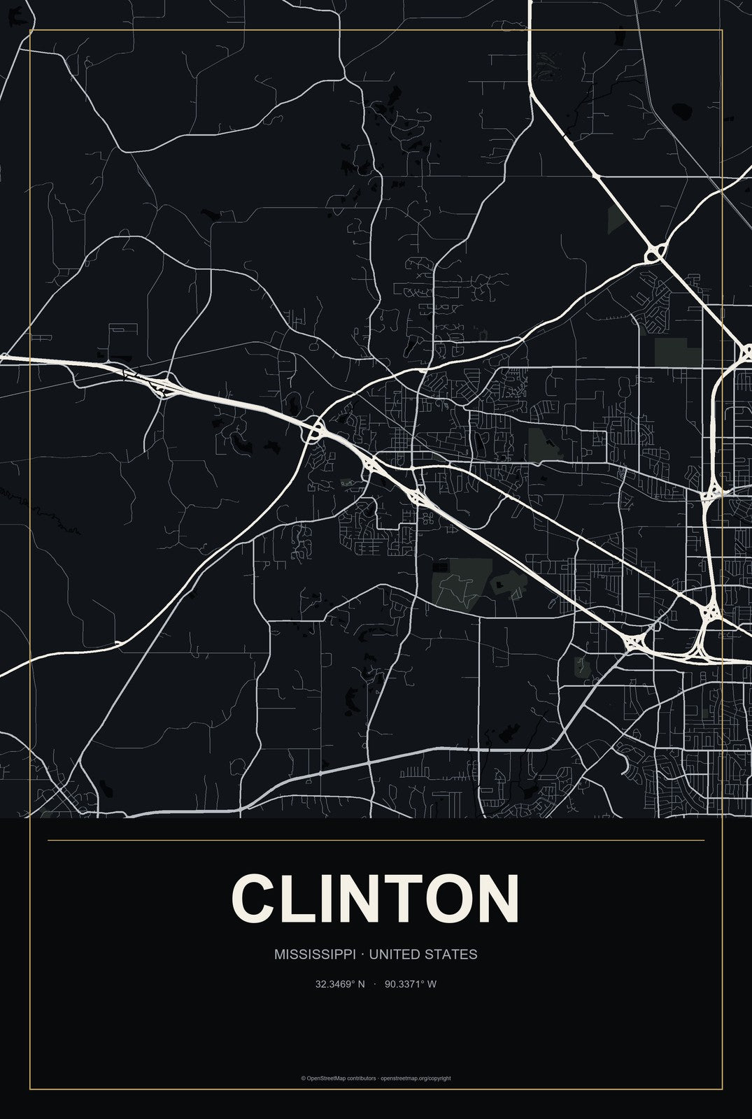 Clinton, Mississippi City Map Aluminum Sign in Metropolitan Noir style