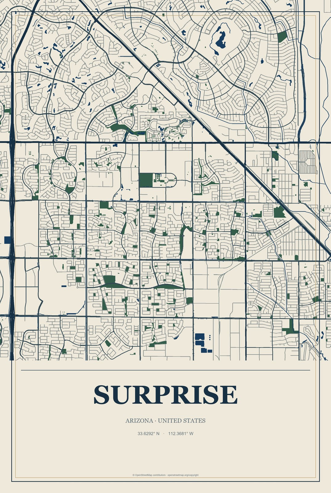 Surprise, Arizona City Map Aluminum Sign in Coastal Cutout style