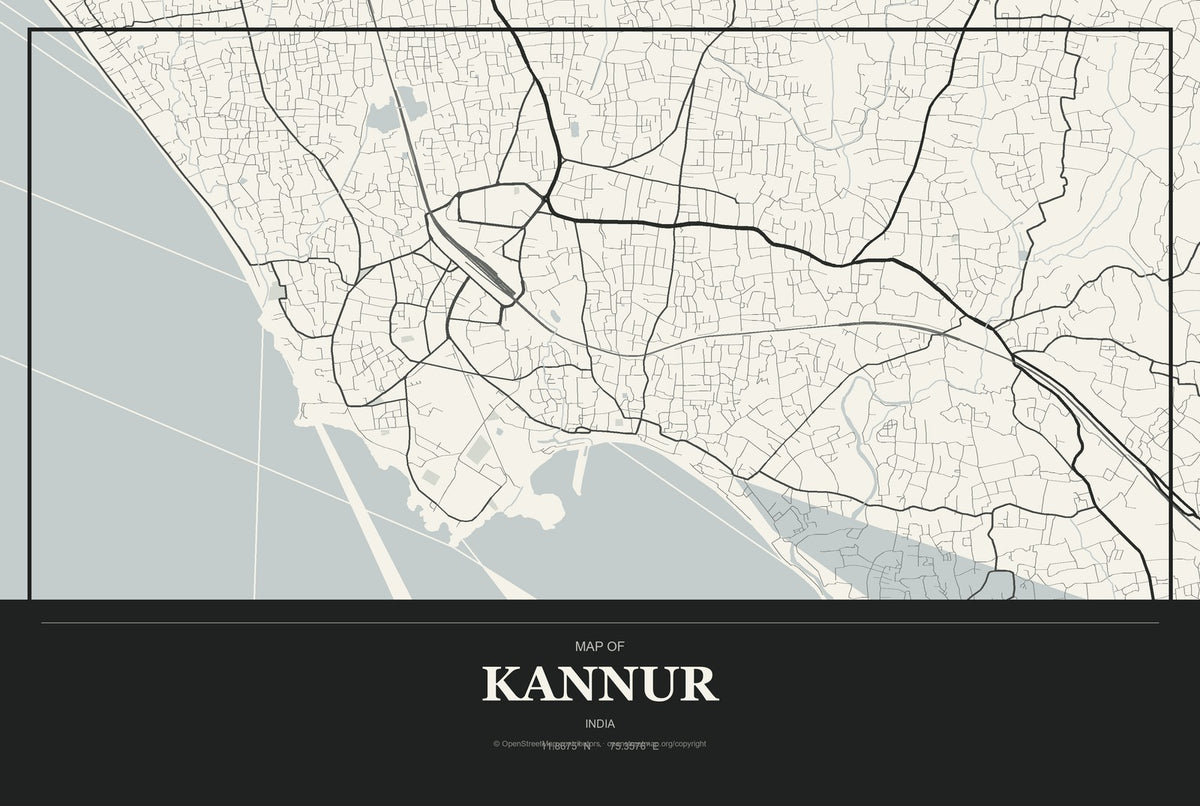 Kannur, India City Map Aluminum Sign in Museum Plaque style