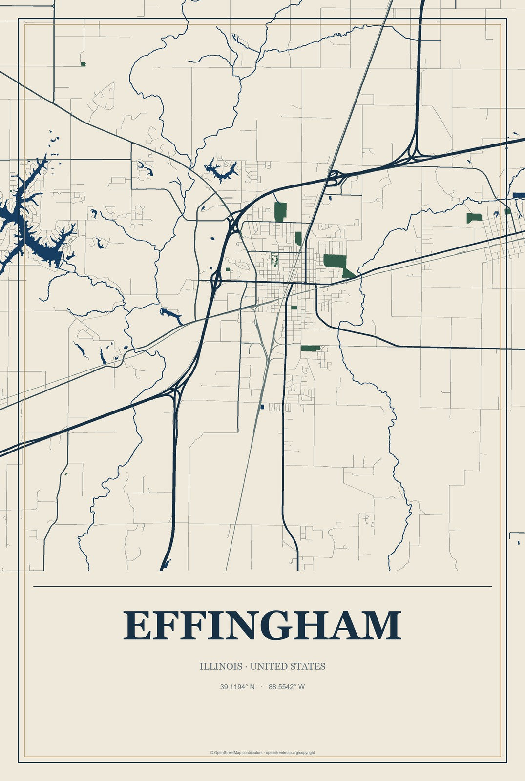 Effingham, Illinois City Map Aluminum Sign in Coastal Cutout style