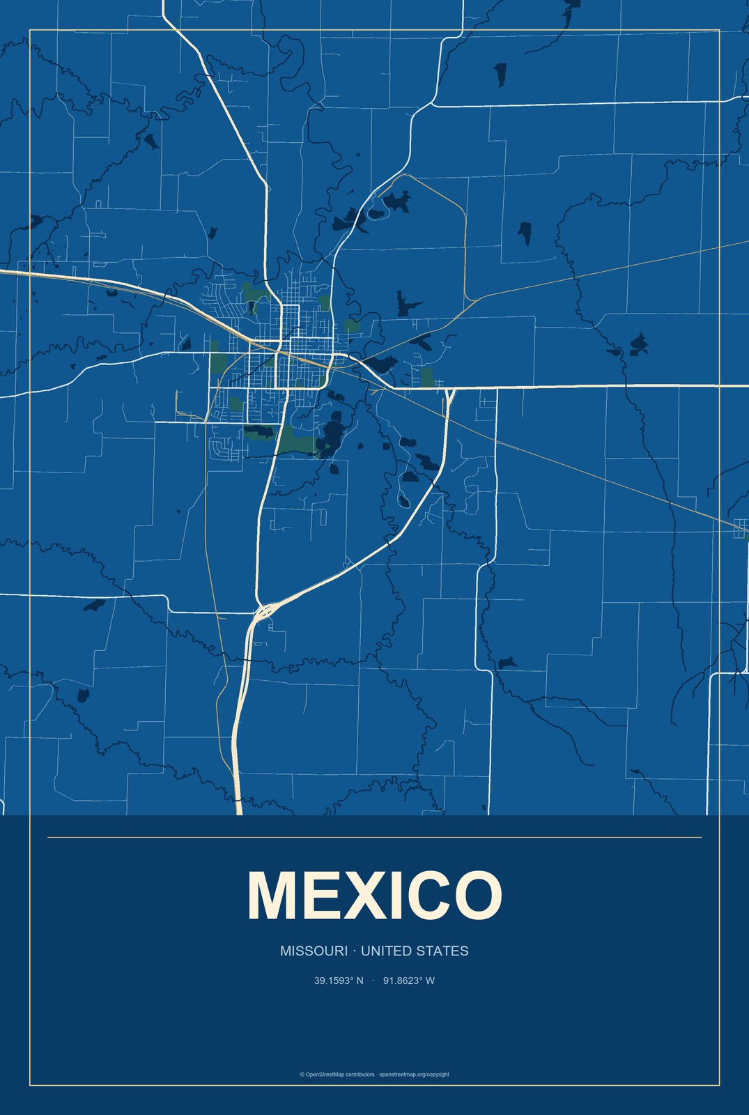 Mexico, Missouri City Map Aluminum Sign in Harbor Cobalt style