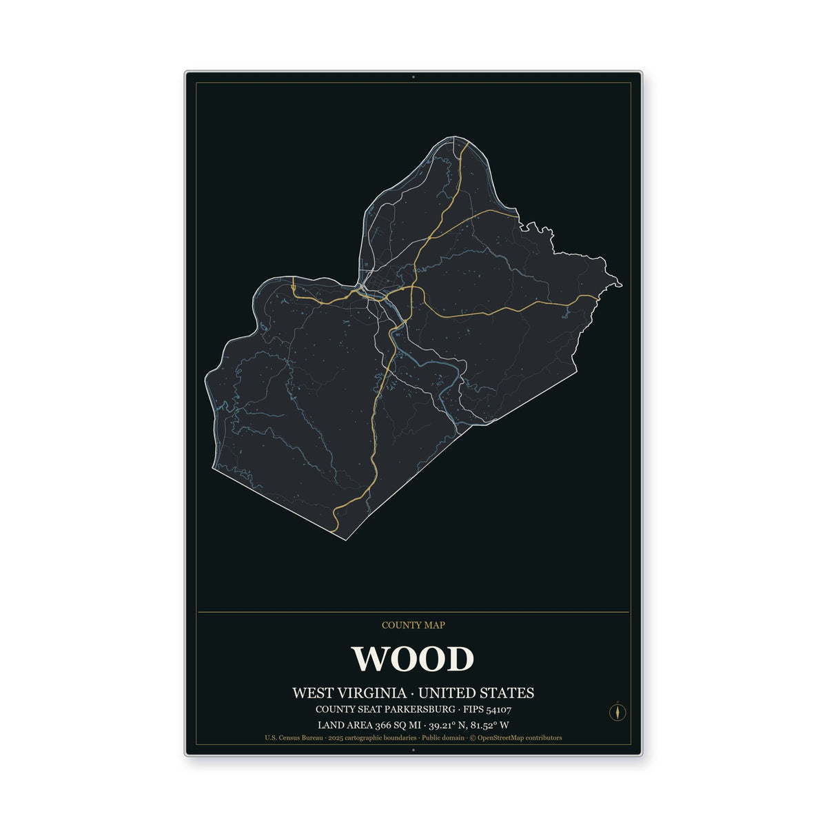 Wood County, West Virginia Map Aluminum Sign in Metropolitan Noir style