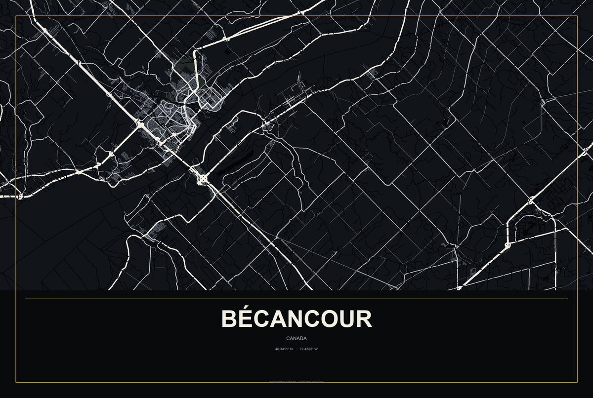 Bécancour, Canada City Map Aluminum Sign in Metropolitan Noir style