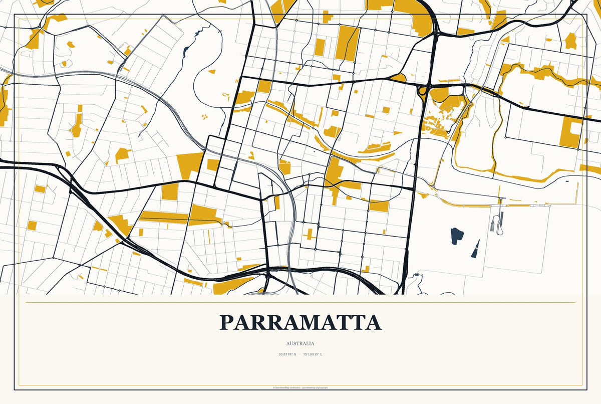 Parramatta, Australia City Map Aluminum Sign in Citrine Modern style