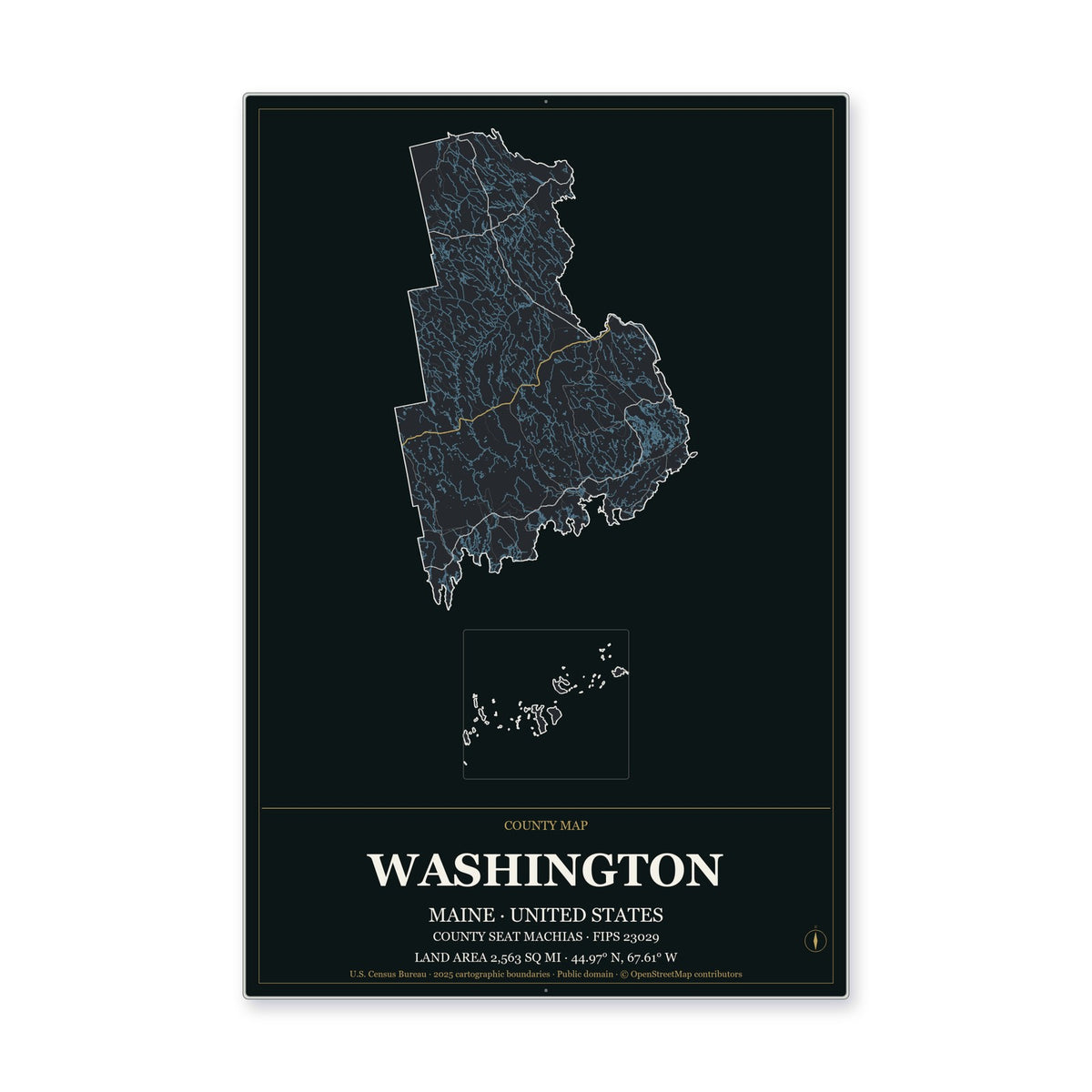 Washington County, Maine Map Aluminum Sign in Metropolitan Noir style