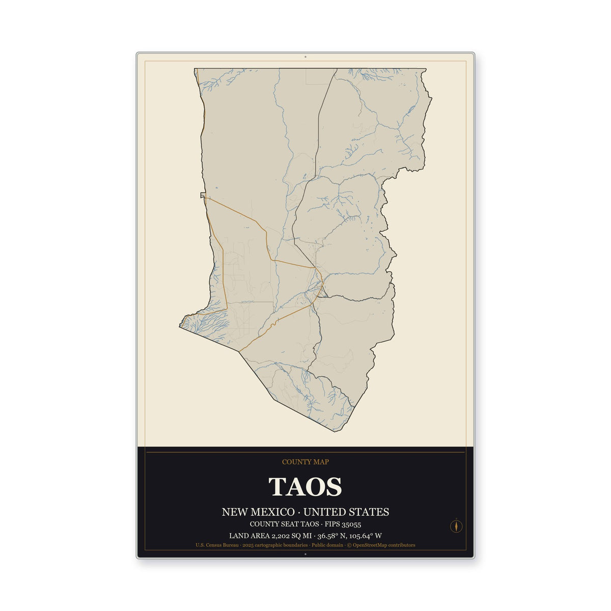 Taos County, New Mexico Map Aluminum Sign in Museum Plaque style