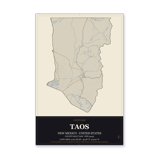 Taos County, New Mexico Map Aluminum Sign in Museum Plaque style