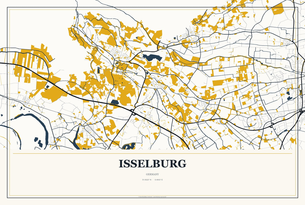 Isselburg, Germany City Map Aluminum Sign in Citrine Modern style