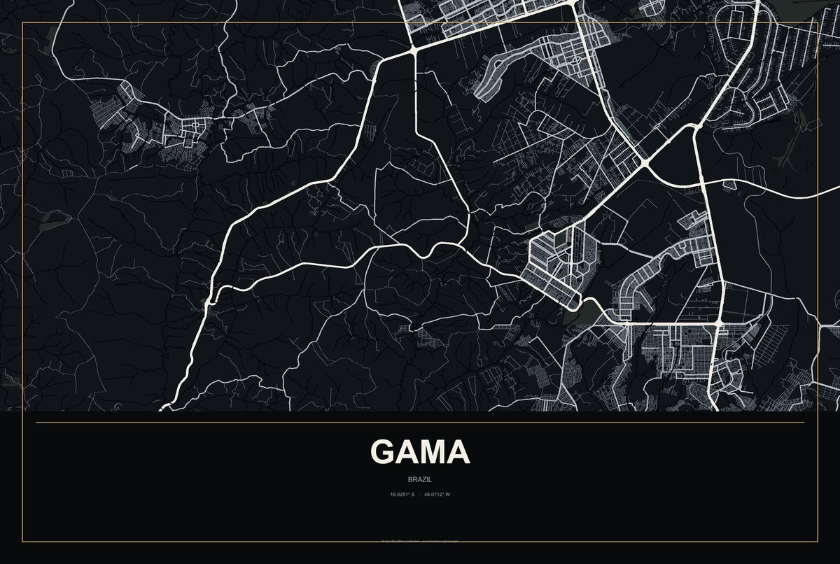 Gama, Brazil City Map Aluminum Sign in Metropolitan Noir style