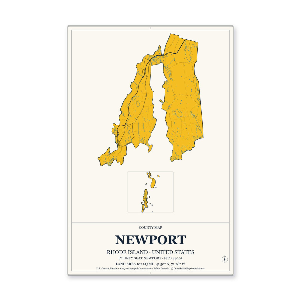 Newport County, Rhode Island Map Aluminum Sign in Citrine Modern style