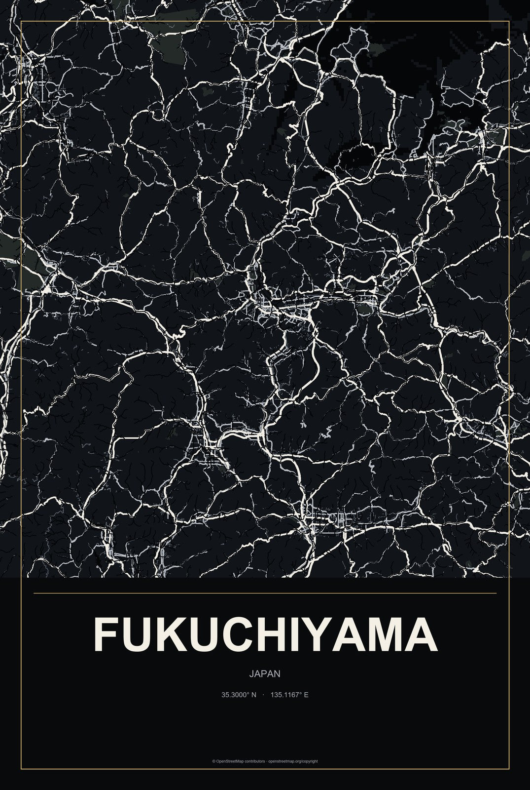 Fukuchiyama, Japan City Map Aluminum Sign in Metropolitan Noir style