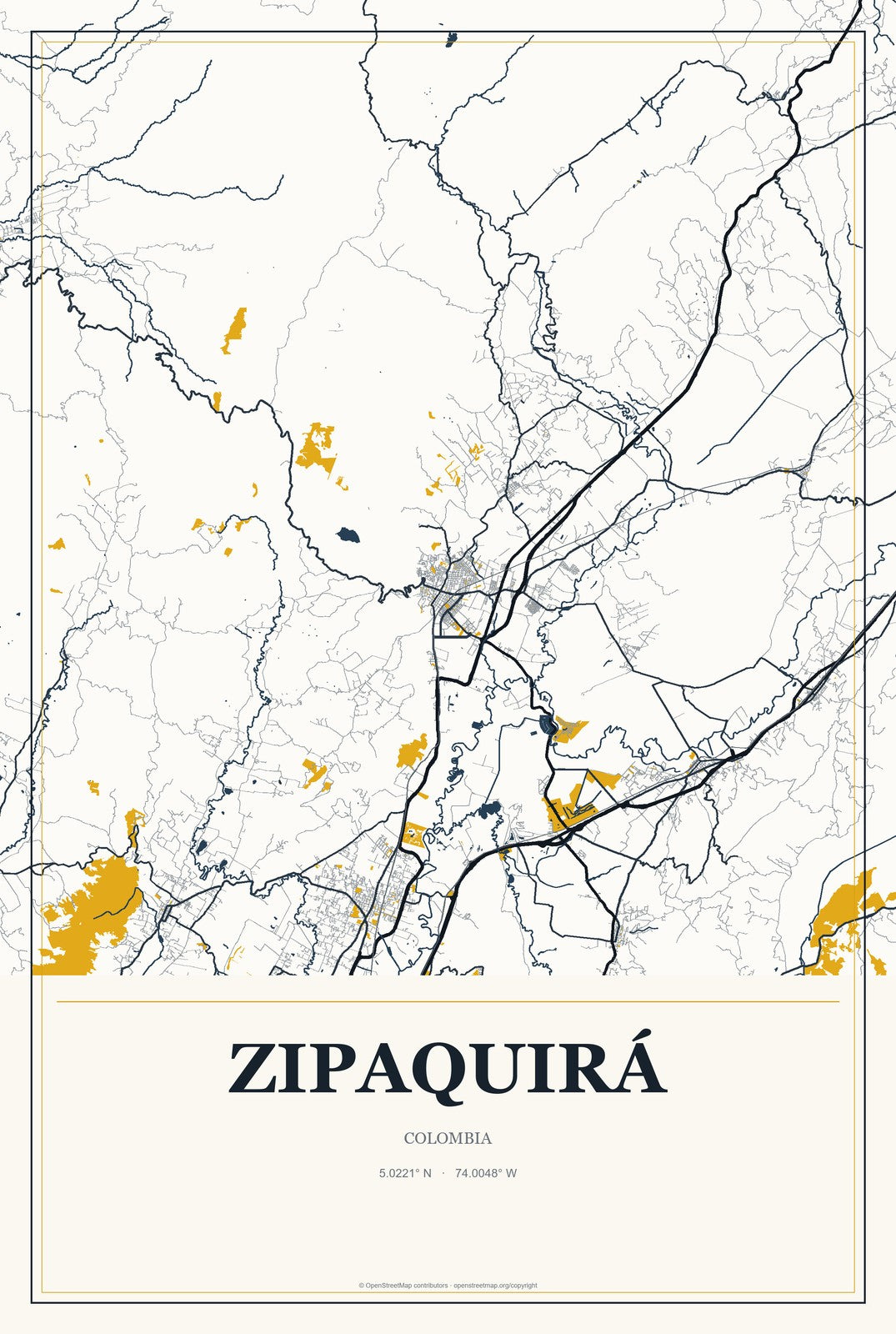 Zipaquirá, Colombia City Map Aluminum Sign in Citrine Modern style