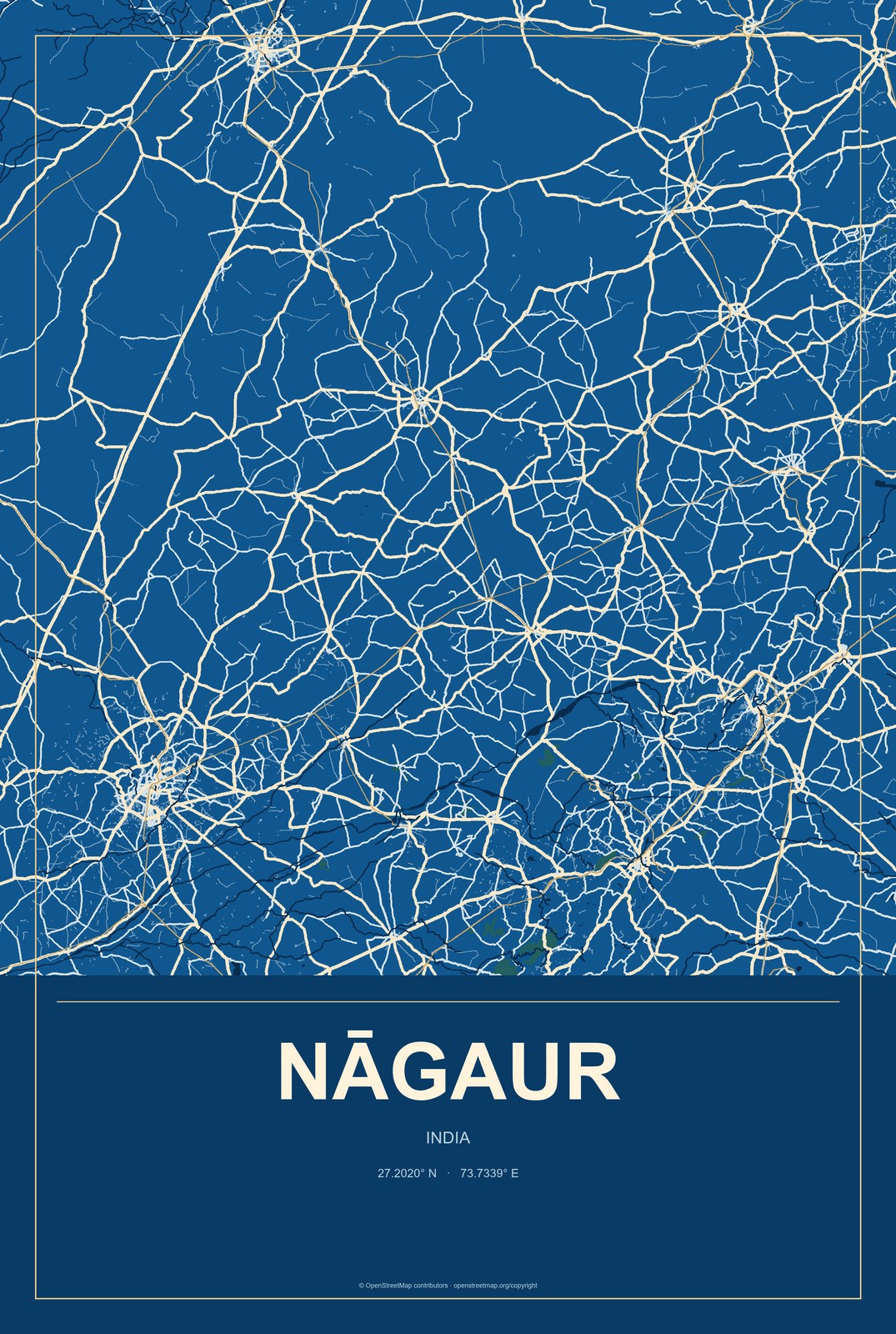 Nāgaur, India City Map Aluminum Sign in Harbor Cobalt style