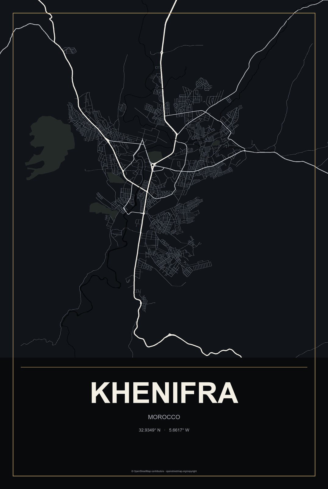 Khenifra, Morocco City Map Aluminum Sign in Metropolitan Noir style
