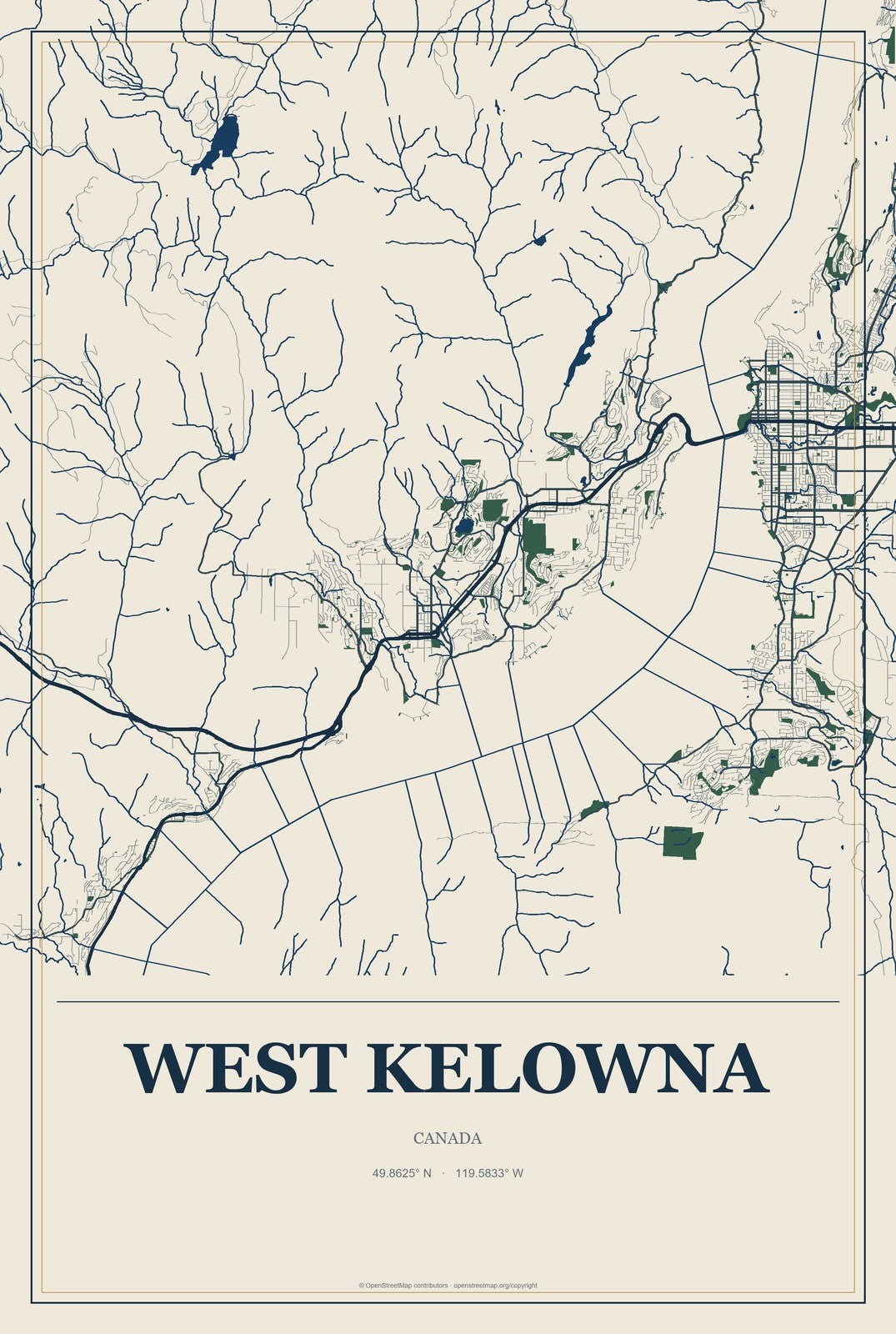 West Kelowna, Canada City Map Aluminum Sign in Coastal Cutout style